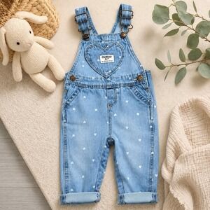 OshKosh B'gosh Baby Heart Print Denim Overalls 9M Blue Bib Carpenter Adjustable